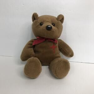 brown Beanie rememberance bear red cross and bow bean bottom sits at 5 inches